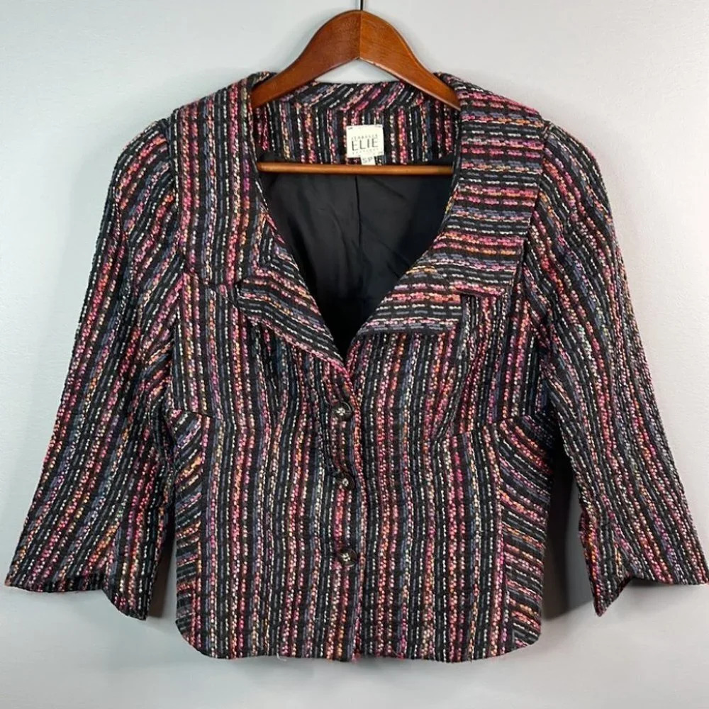 ISABELLE ELIE Multicoloured Tweed Blazer 3/4 Tulip Sleeve Single Breasted Size S - Picture 12 of 12